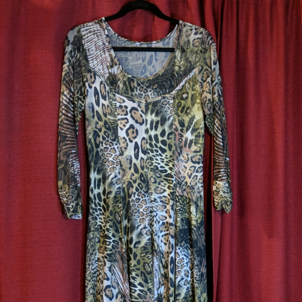 Cheetah summer dress with mesh sleeves L Brown